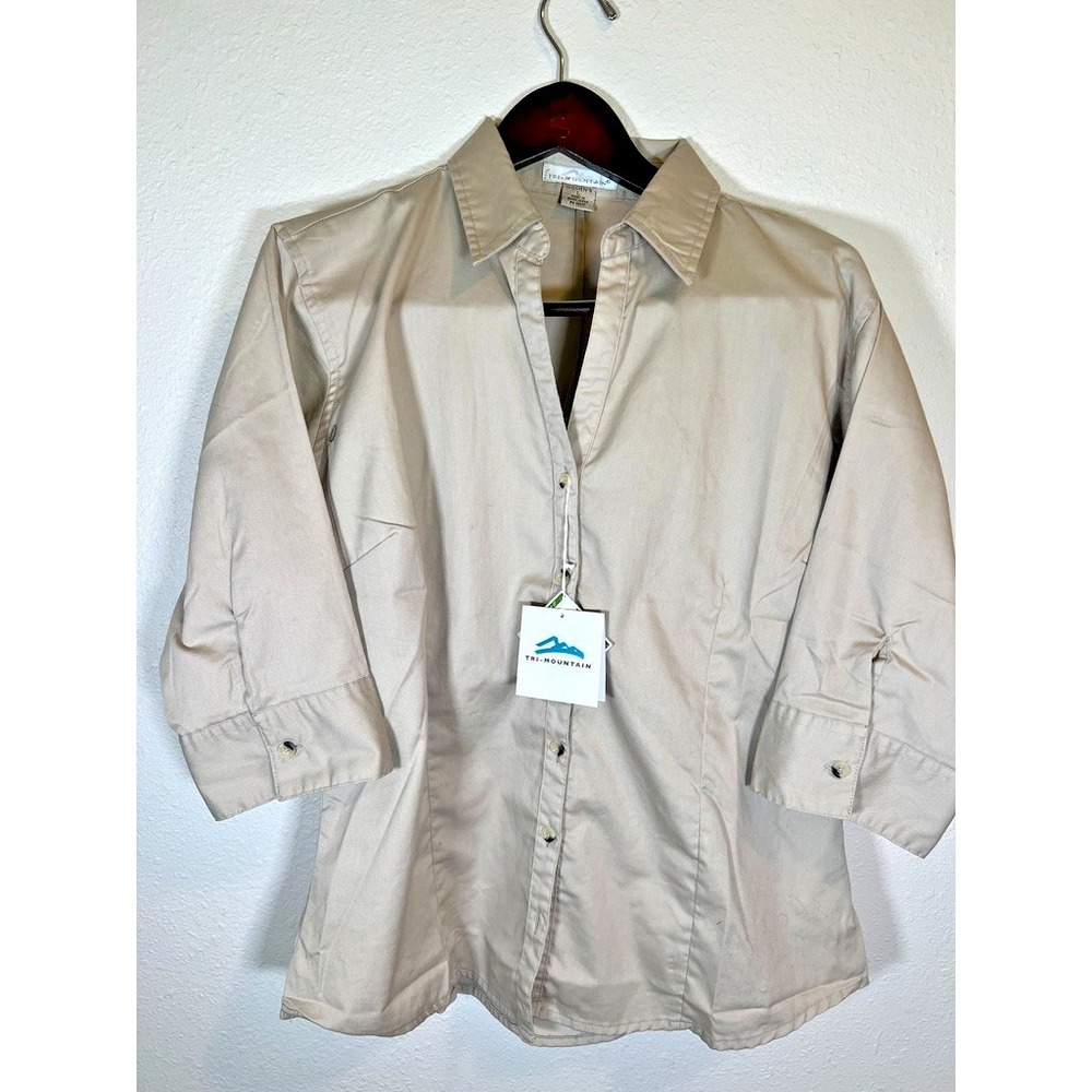 Beige Button Down Shirt 3/4 Sleeves NWT Fitted Cotton Blend Workwear TriMountain